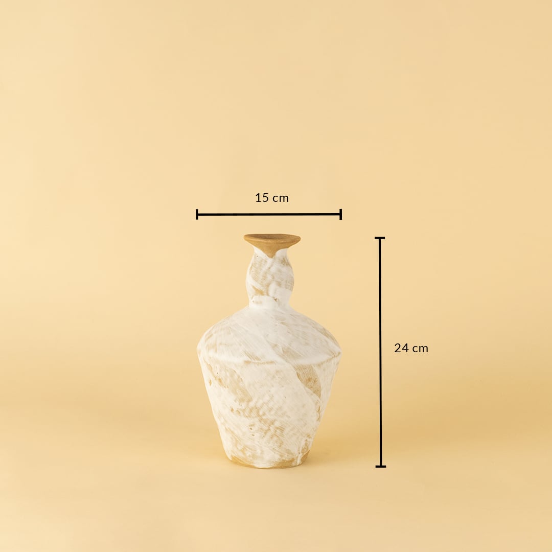 Tall white and brown ceramic vase with swirl texture shown with 24 cm height and 15 cm width for size reference.