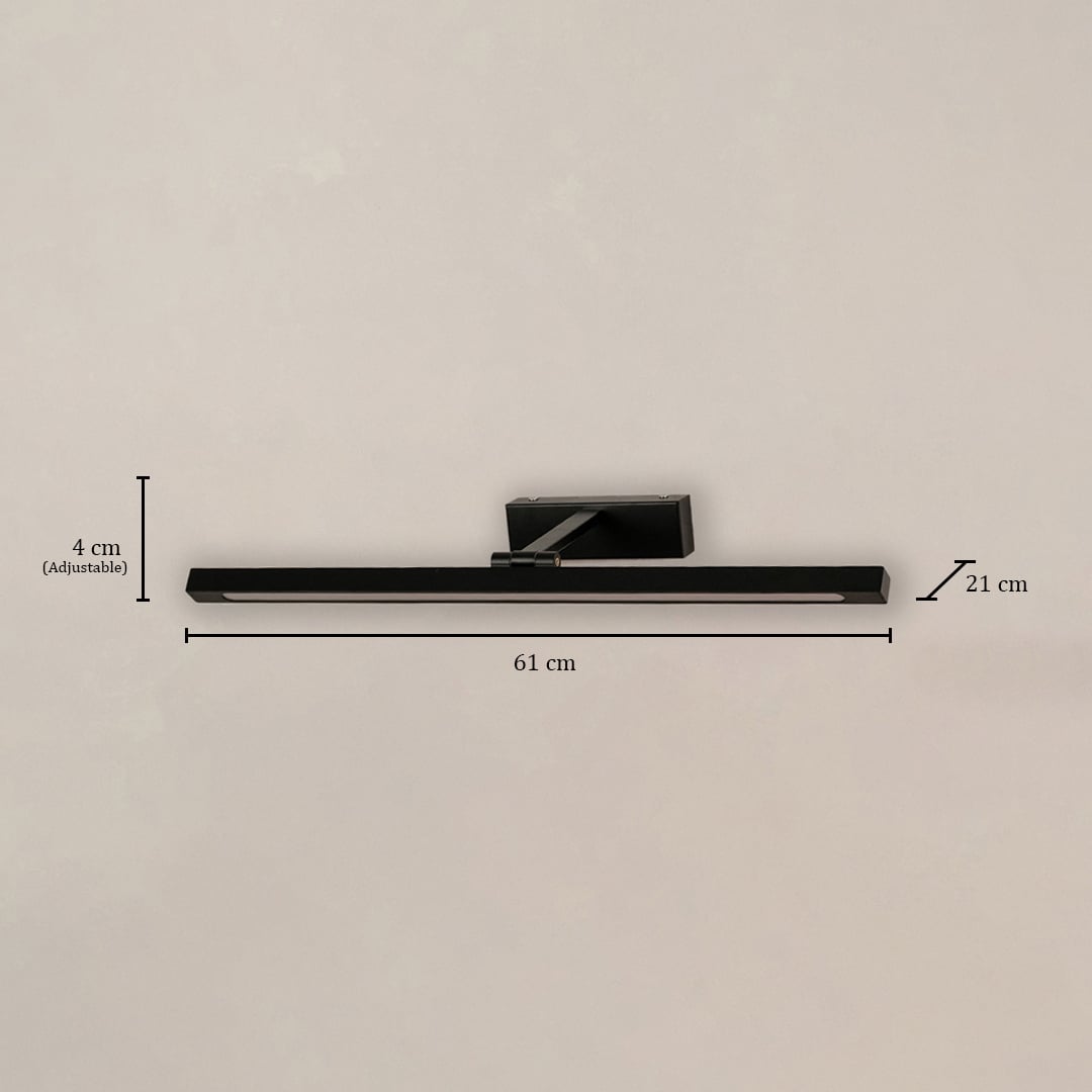 Black metal picture light with 61 cm width 21 cm depth and 4 cm adjustable height shown clearly for accurate placement.