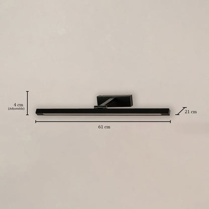 Black metal picture light with 61 cm width 21 cm depth and 4 cm adjustable height shown clearly for accurate placement.