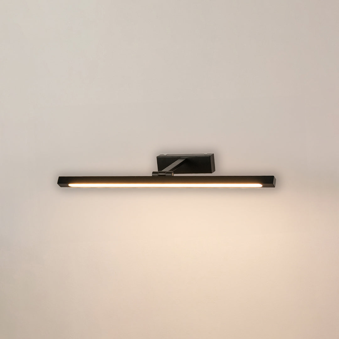 Contemporary wall light in black metal finish with linear bar design for bathroom or vanity decor lighting white background.