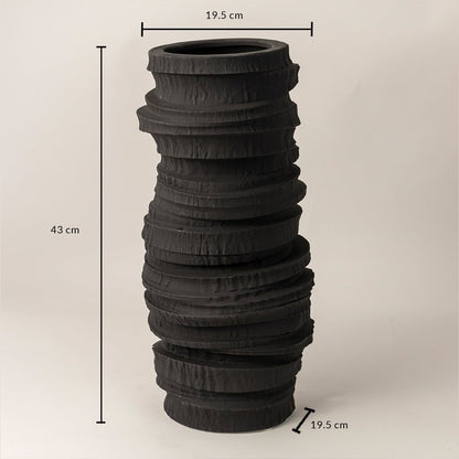 Onyx black ceramic vase with 43 cm height and 19.5 cm width displayed with dimensions for accurate size reference on neutral background.