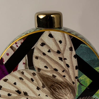 Closeup view of Butterfly ceramic vase showing detailed hand-painted butterfly art and polished golden cap finish.