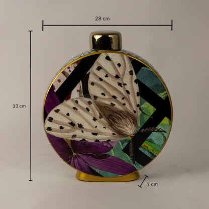 Butterfly ceramic vase showing 33 cm height 28 cm width and 7 cm base depth with artistic butterfly print and golden top.
