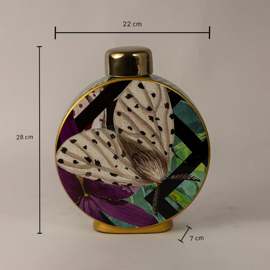 Butterfly ceramic jar showing accurate size dimensions — 28 cm height 22 cm width and 7 cm base depth with vibrant art design.