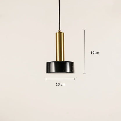 Black marble and metal round base pendant light with size 20cm width and 30cm height hanging against plain background for bold modern décor.