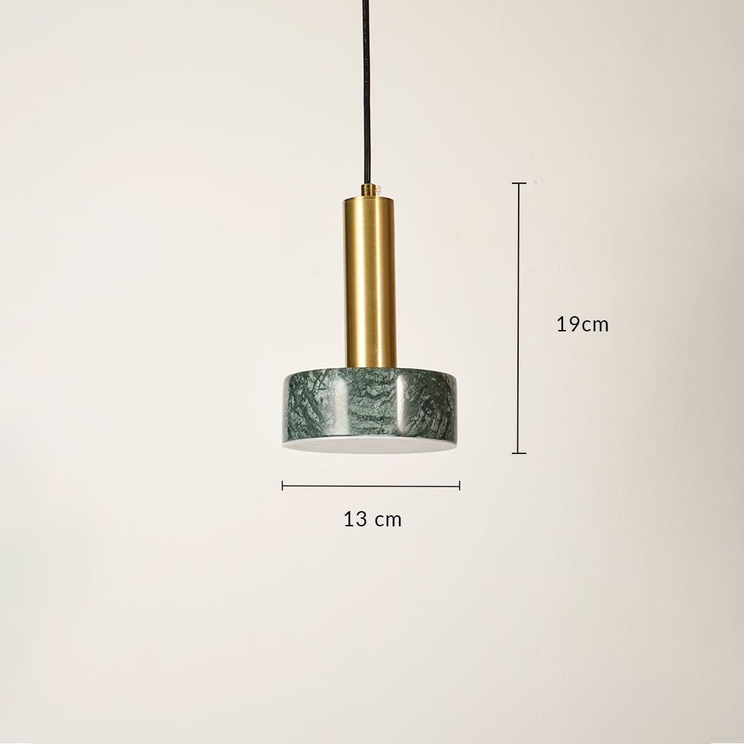Green marble and metal round base pendant light with size 20cm width and 30cm height hanging against plain background for luxury décor.