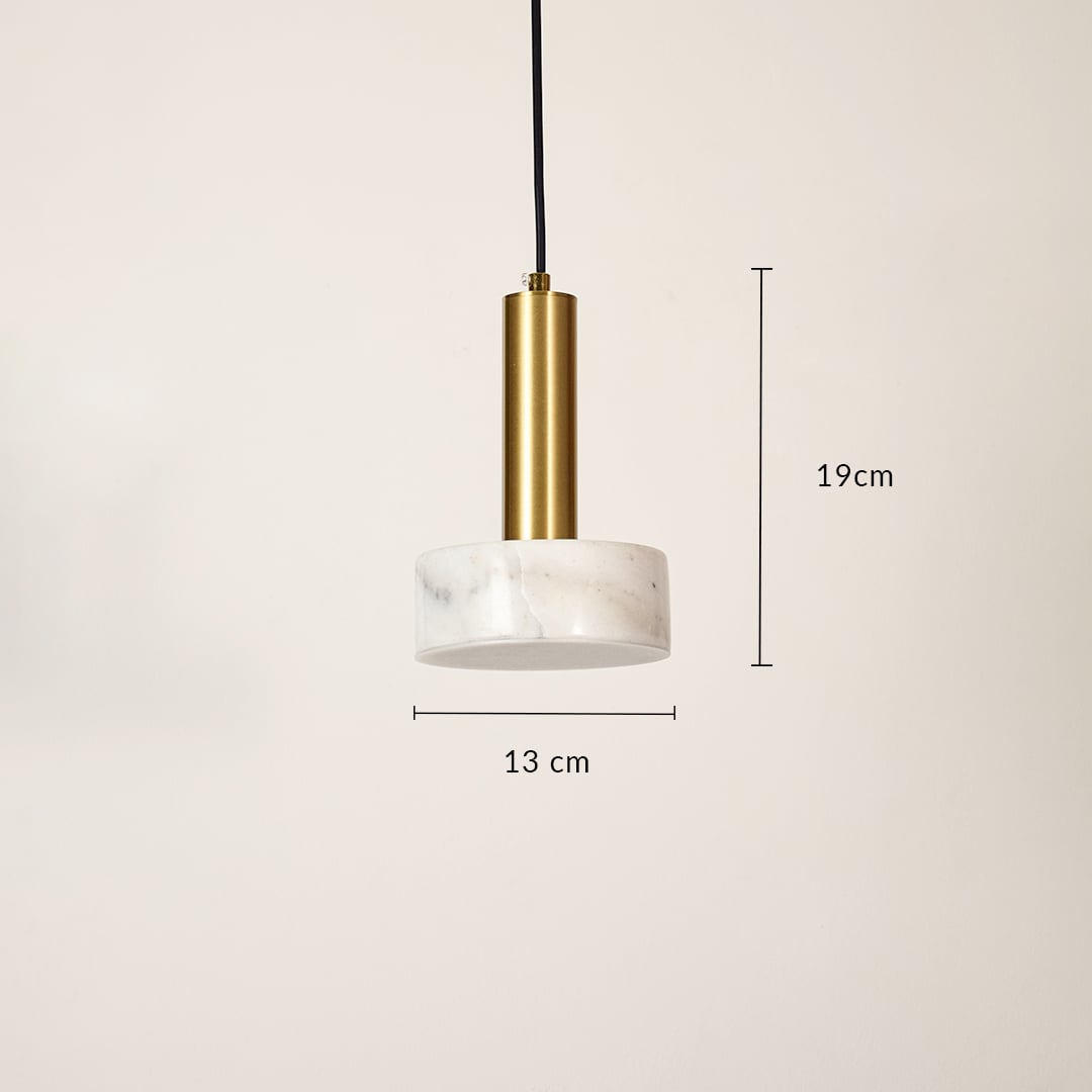 White marble and gold metal pendant light dimension image with 13 cm width and 19 cm height for bedside placement.