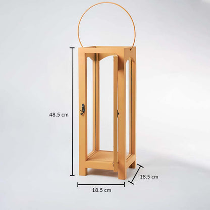 wooden garden lantern measuring 38 cm in height and 18 cm in width displayed with measurements on white.