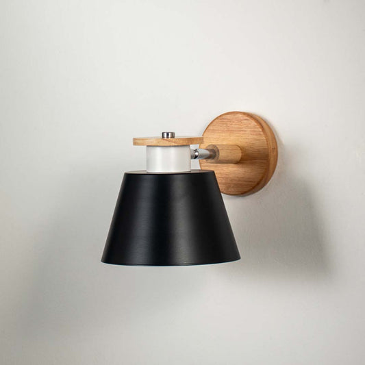 Modern wooden wall sconce with black lampshade light off white background for bedroom study room and hallway stylish wall lighting decor.