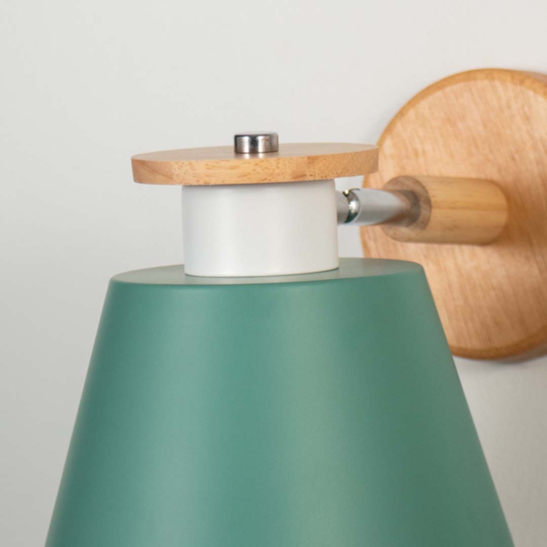 Modern wooden wall sconce with green lampshade light off white background for bedroom study room and hallway stylish decorative wall lighting.