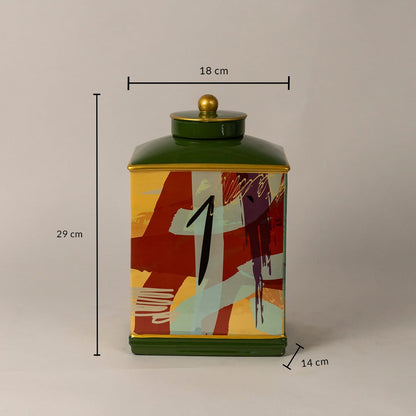 Abstract design jar measuring 29 cm in height and 18 cm in width featuring colorful abstract prints.