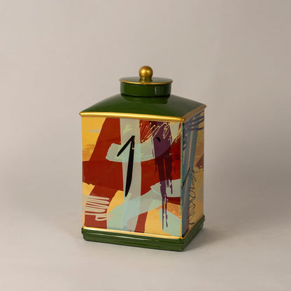 Side angle view of abstract design jar showing curved edges and unique brushstroke patterns with glossy finish.