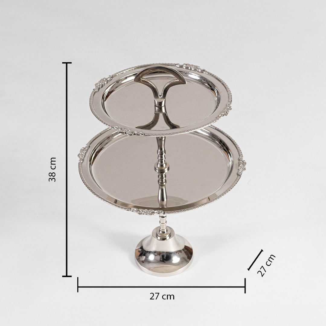 Silver metal two tier serving tray with ornate rims displayed on white background with measurements 33 cm height and 27 cm width.
