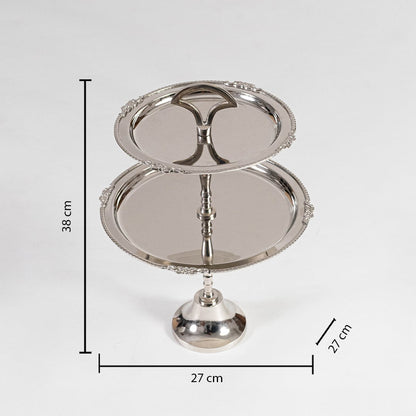 Silver metal two tier serving tray with ornate rims displayed on white background with measurements 33 cm height and 27 cm width.