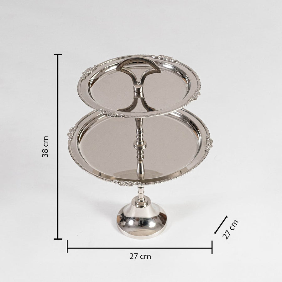Silver metal two tier serving tray with ornate rims displayed on white background with measurements 33 cm height and 27 cm width.