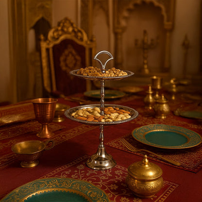A two tier silver stand filled with assorted nuts displayed on a regal red and gold dining table setting with ornate decor creating an elegant lifestyle scene.