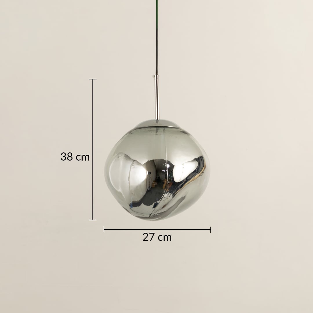 Dimension image of chrome finish globe pendant light with reflective surface showing 38 cm height and 27 cm width.