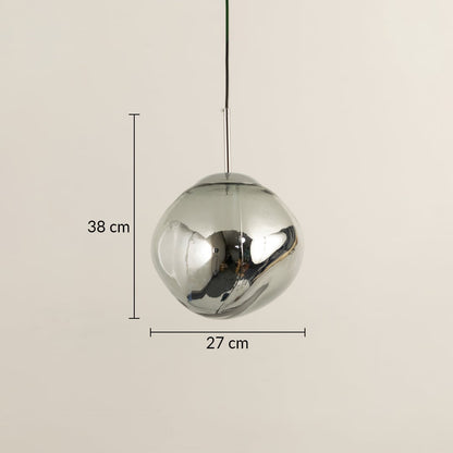 Dimension image of chrome finish globe pendant light with reflective surface showing 38 cm height and 27 cm width.