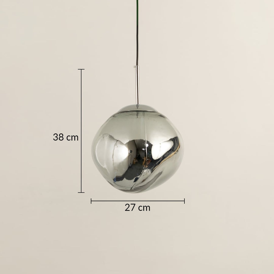 Dimension image of chrome finish globe pendant light with reflective surface showing 38 cm height and 27 cm width.
