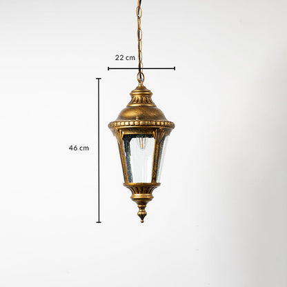 Vintage brass hanging lantern light with textured glass shade measuring 45 cm height and 22 cm width.