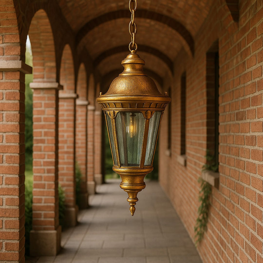 Antique brass metal hanging lantern light with textured glass for rustic corridor and heritage wall decor.