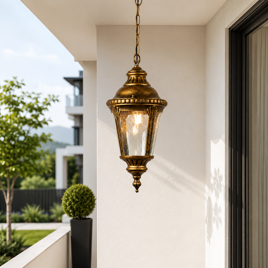 An ornate brass outdoor pendant light hanging from a chain in a modern balcony setting with a white wall, black-framed window, and greenery in the background.