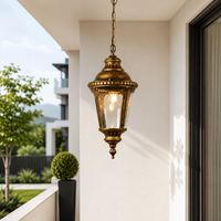 An ornate brass outdoor pendant light hanging from a chain in a modern balcony setting with a white wall, black-framed window, and greenery in the background.