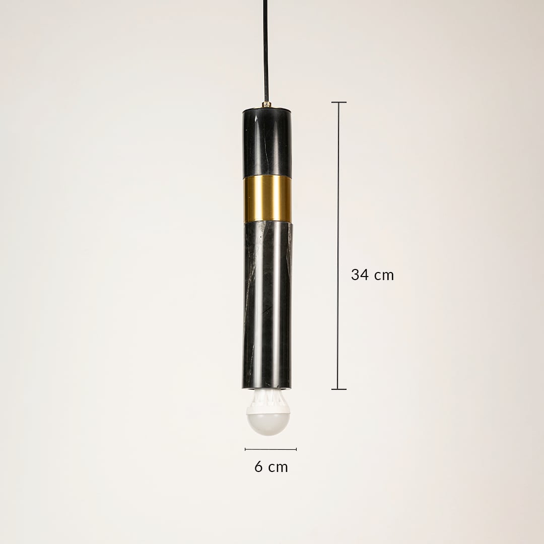 Minimal black and gold pendant light with narrow profile showing 4 cm width and 34 cm height designed for focused lighting.