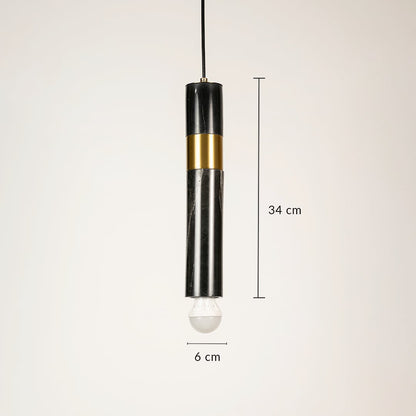 Minimal black and gold pendant light with narrow profile showing 4 cm width and 34 cm height designed for focused lighting.