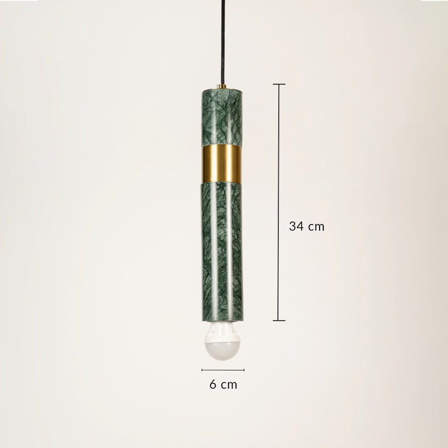 Green ribbed glass pendant light with gold metal cap showing 6 cm width and 34 cm height for elegant ceiling installation.