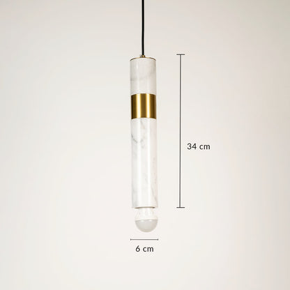 White marble and metal cylinder pendant light with size 35cm height and 7cm width hanging against plain background for elegant contemporary décor.