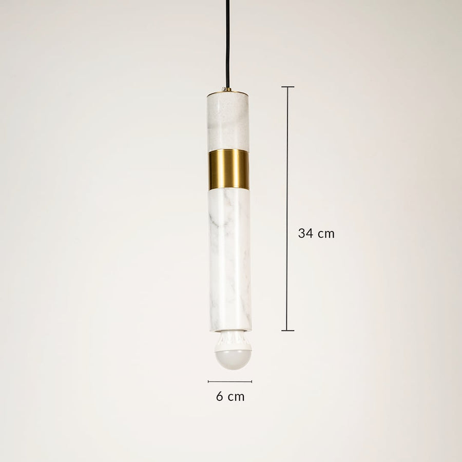 White marble and metal cylinder pendant light with size 35cm height and 7cm width hanging against plain background for elegant contemporary décor.