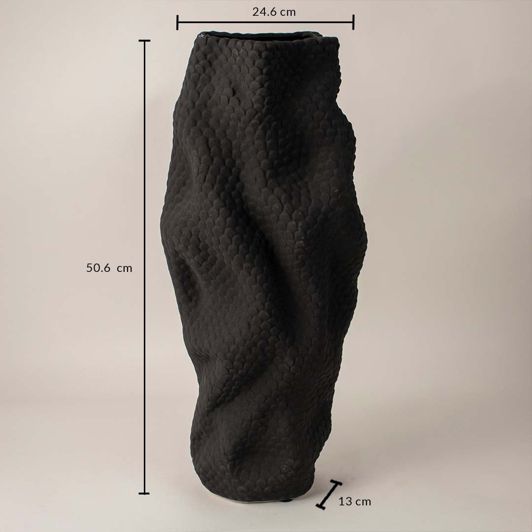 Black ceramic vase measuring 50.6 cm height and 24.6 cm width shown on white background with textured handcrafted finish.