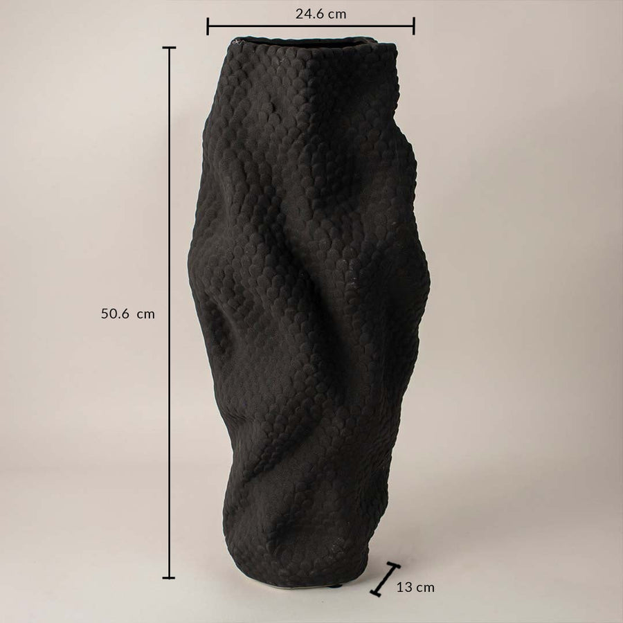 Black ceramic vase measuring 50.6 cm height and 24.6 cm width shown on white background with textured handcrafted finish.