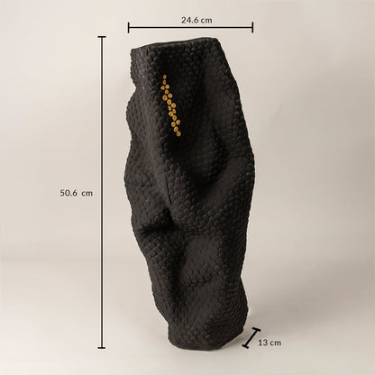 Black textured ceramic vase with gold detail measuring 50.6 cm height and 24.6 cm width shown on white background.