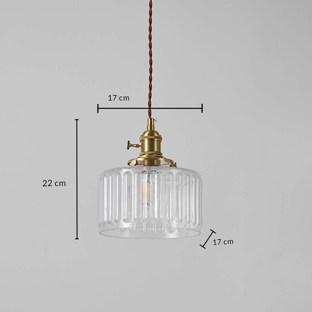 Clear ribbed glass and brass pendant light dimension image with 17 cm width and 22 cm height for elegant dining placement.