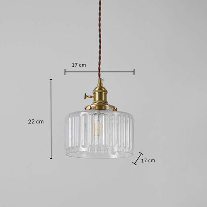 Clear ribbed glass and brass pendant light dimension image with 17 cm width and 22 cm height for elegant dining placement.