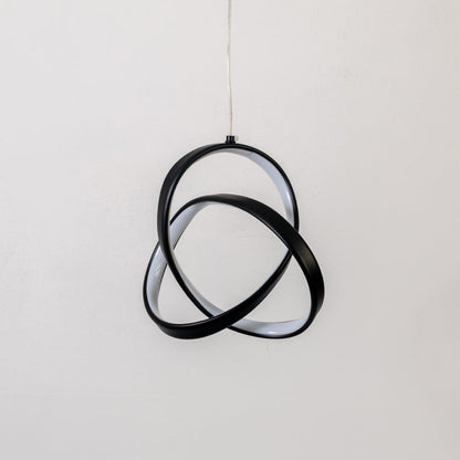 Black metal LED pendant light with intertwined rings for stylish bedroom and hallway decor.