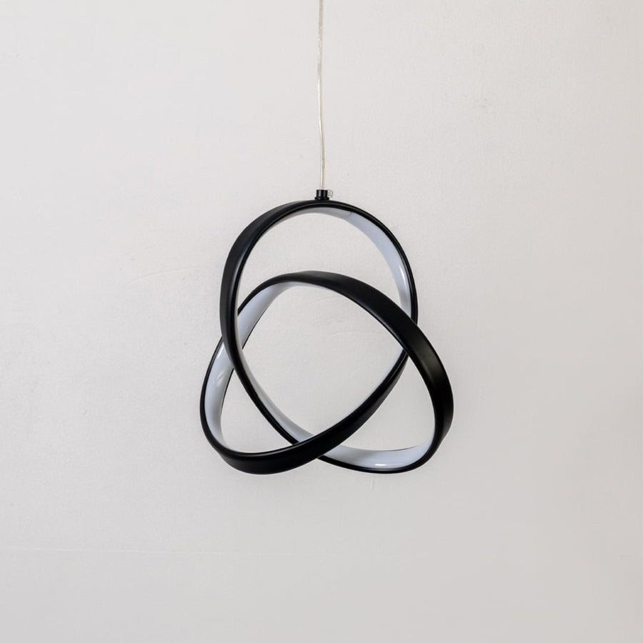 Black metal LED pendant light with intertwined rings for stylish bedroom and hallway decor.