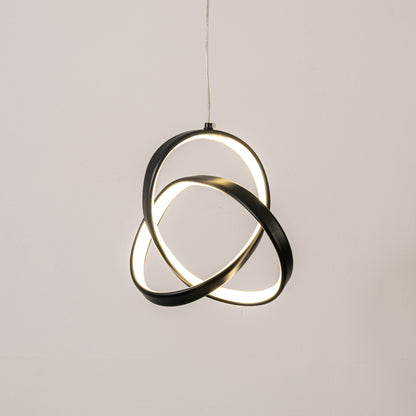Modern pendant light in black metal finish with geometric loop design for dining room or living decor lighting white background.