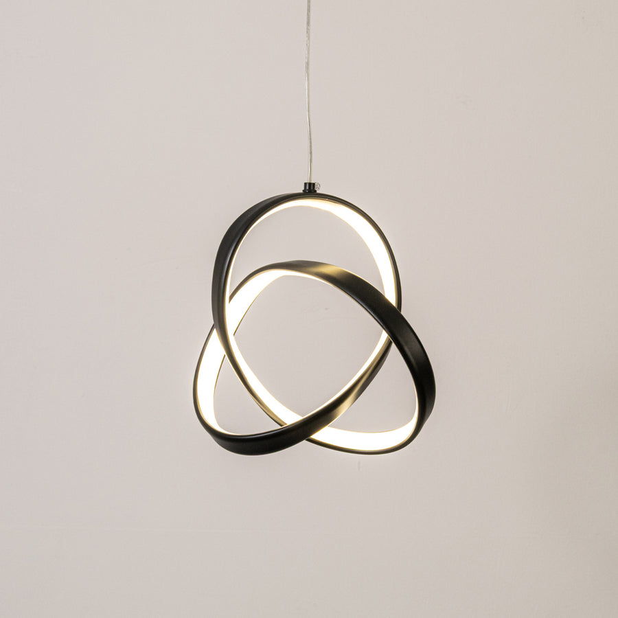Modern pendant light in black metal finish with geometric loop design for dining room or living decor lighting white background.