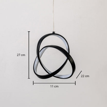 Black intertwined ring pendant light dimension image with 11 cm width and 27 cm height for modern bedside placement.