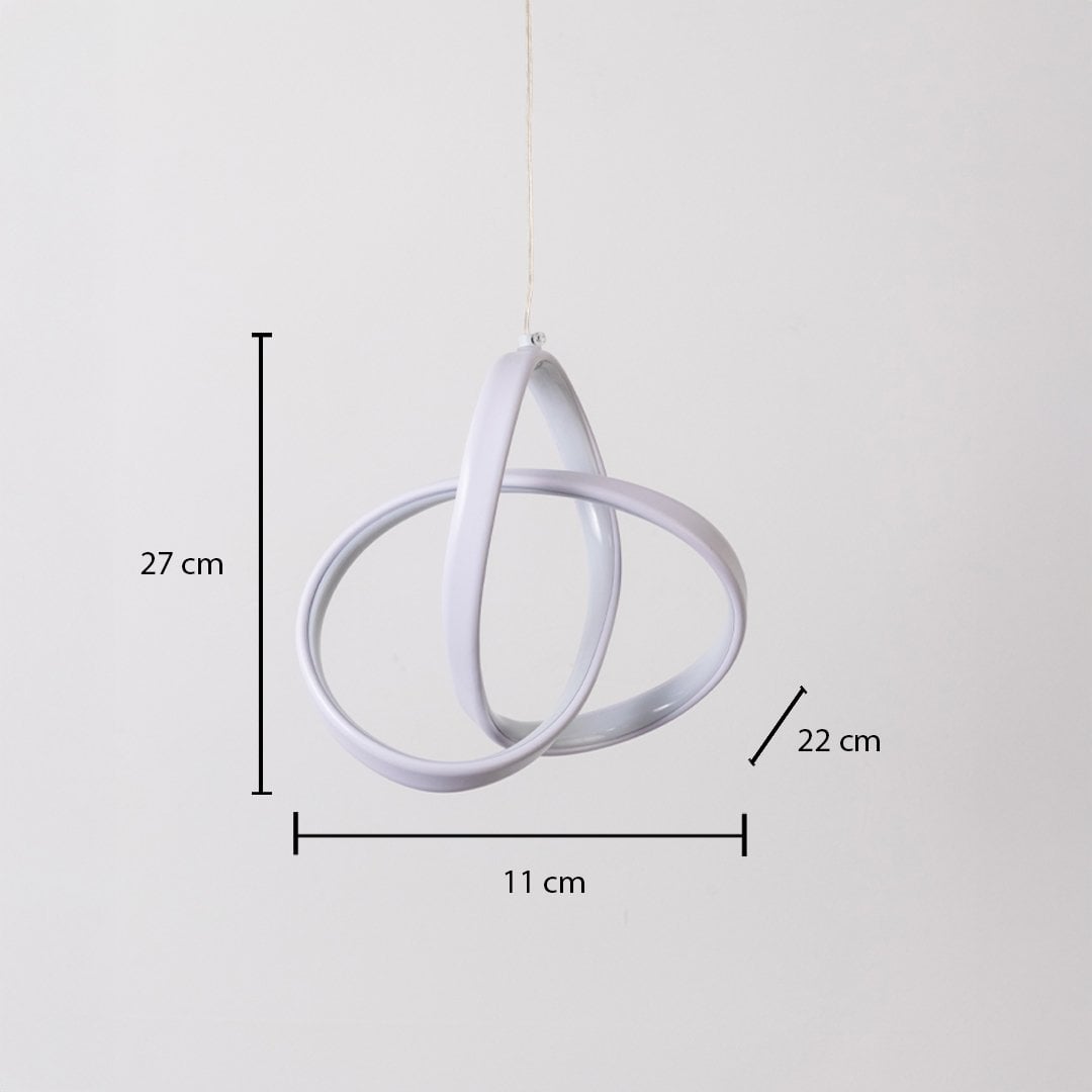White twisted LED pendant light measuring 27 cm height and 11 cm width displayed on white background for home interior decor.