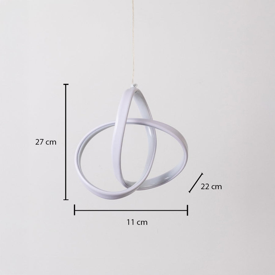 White twisted LED pendant light measuring 27 cm height and 11 cm width displayed on white background for home interior decor.