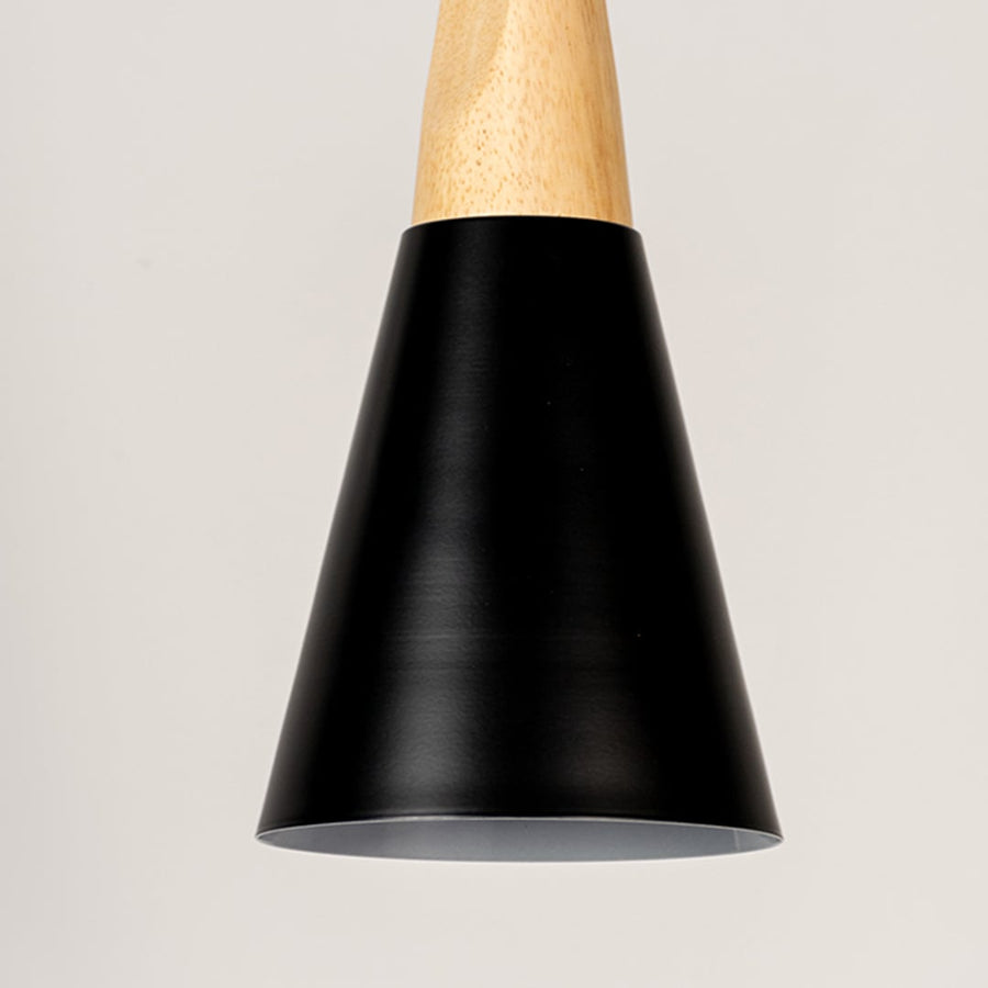 Black metal pendant light with natural wood detailing showcasing sleek cone shape and modern Scandinavian style.