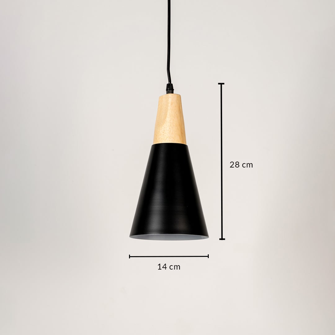 Black metal pendant light measuring 14 cm width and 28 cm height crafted for modern ceiling lighting decor.