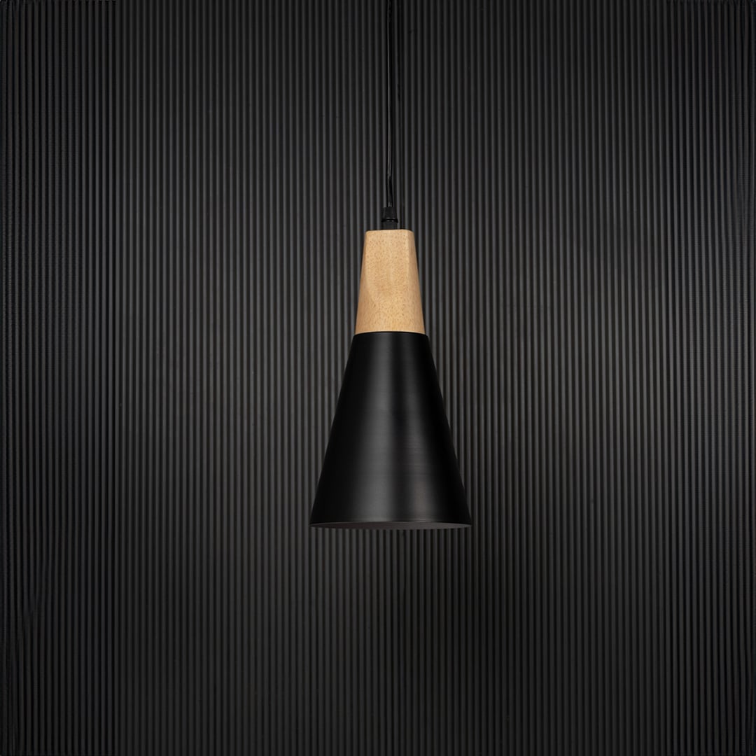 Modern pendant light bulb off on black background with black conical metal shade and natural wooden top for interiors.