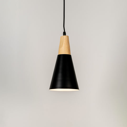 Black metal pendant light with natural wood accents and minimalist cone design for contemporary ceiling lighting decor.