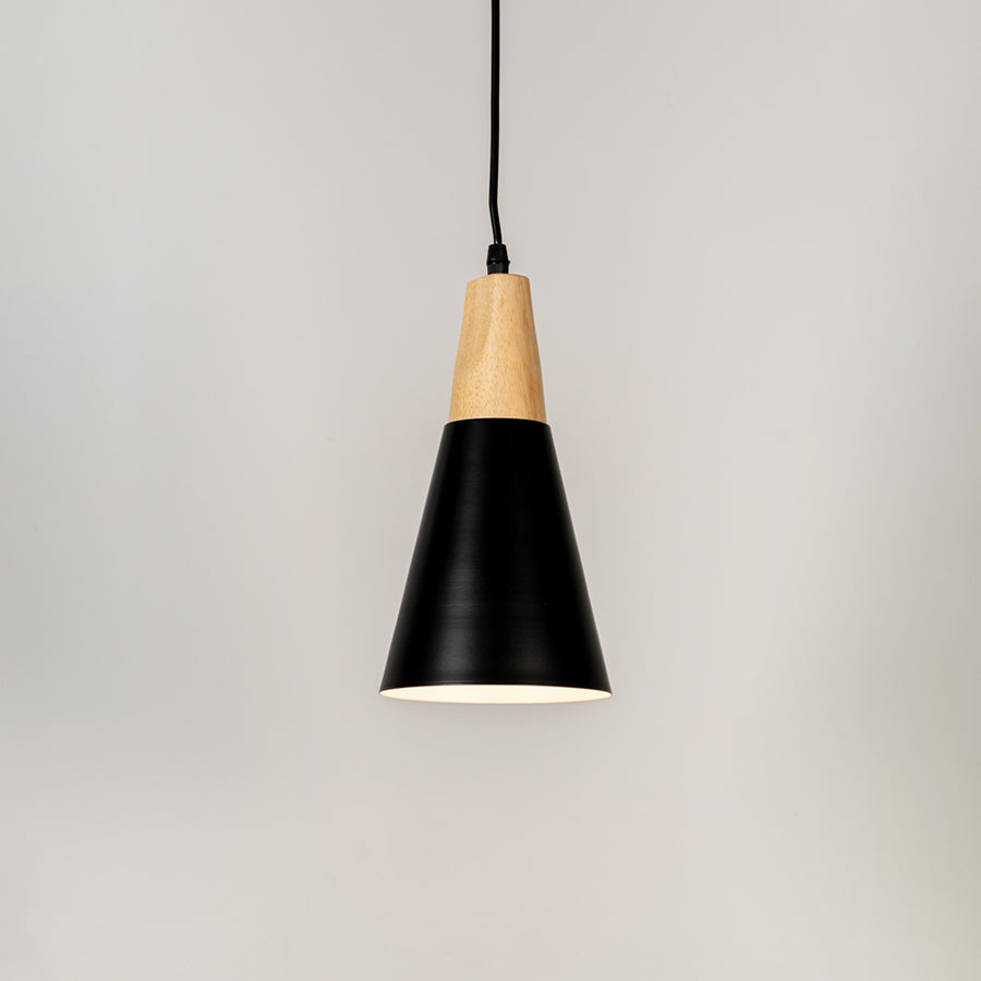 Black metal pendant light with natural wood accents and minimalist cone design for contemporary ceiling lighting decor.