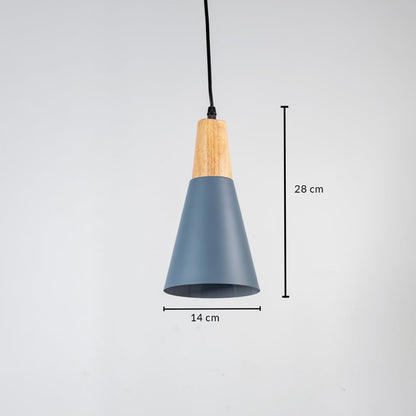 Pendant light with wooden top and matte shade shown with 28 cm height and 14 cm width dimensions.